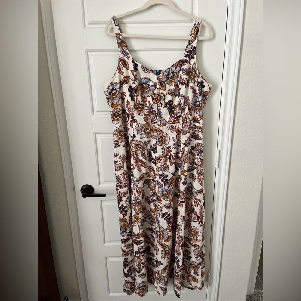 Old Navy Fit & Flare Linen Blend Midi Dress - XL Tall - Blue Red Yellow Floral